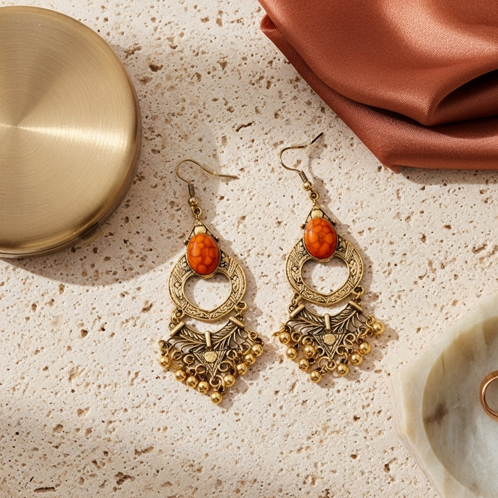 Vintage Bohemian Orange Stone Earrings Gold Tone Ethnic Drop Earrings