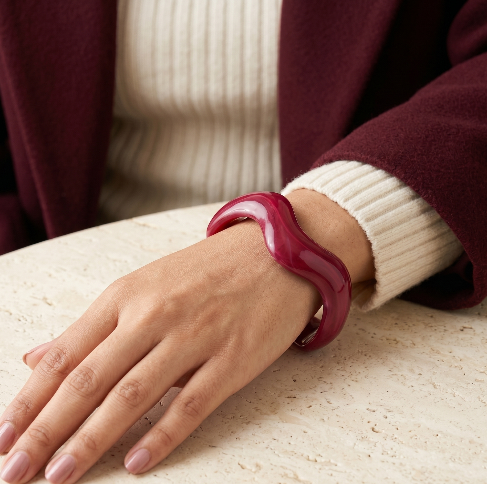 Berry Red Marble Wave Resin Open Cuff Bracelet for Women