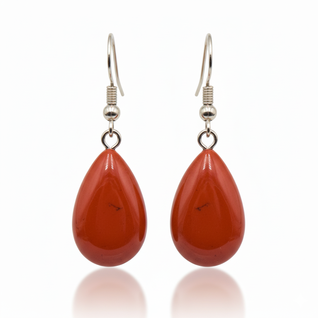 Red Jasper Teardrop Dangle Earrings Silver Tone Hook