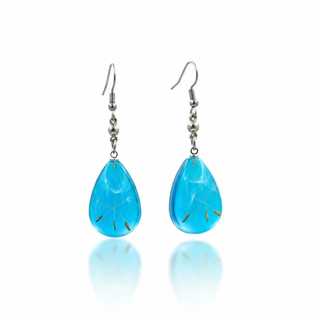 Sky Blue Dandelion Resin Teardrop Earrings Stainless Steel Hooks