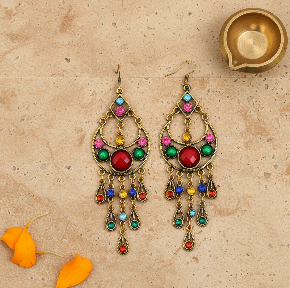 Bohemian Multicolor Stone Tassel Earrings Gold Tone Alloy