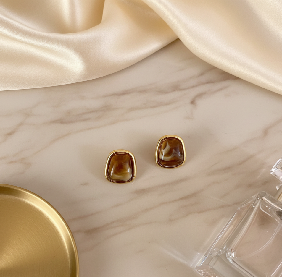 Coffee Brown Resin Square Stud Earrings with Gold Tone Frame
