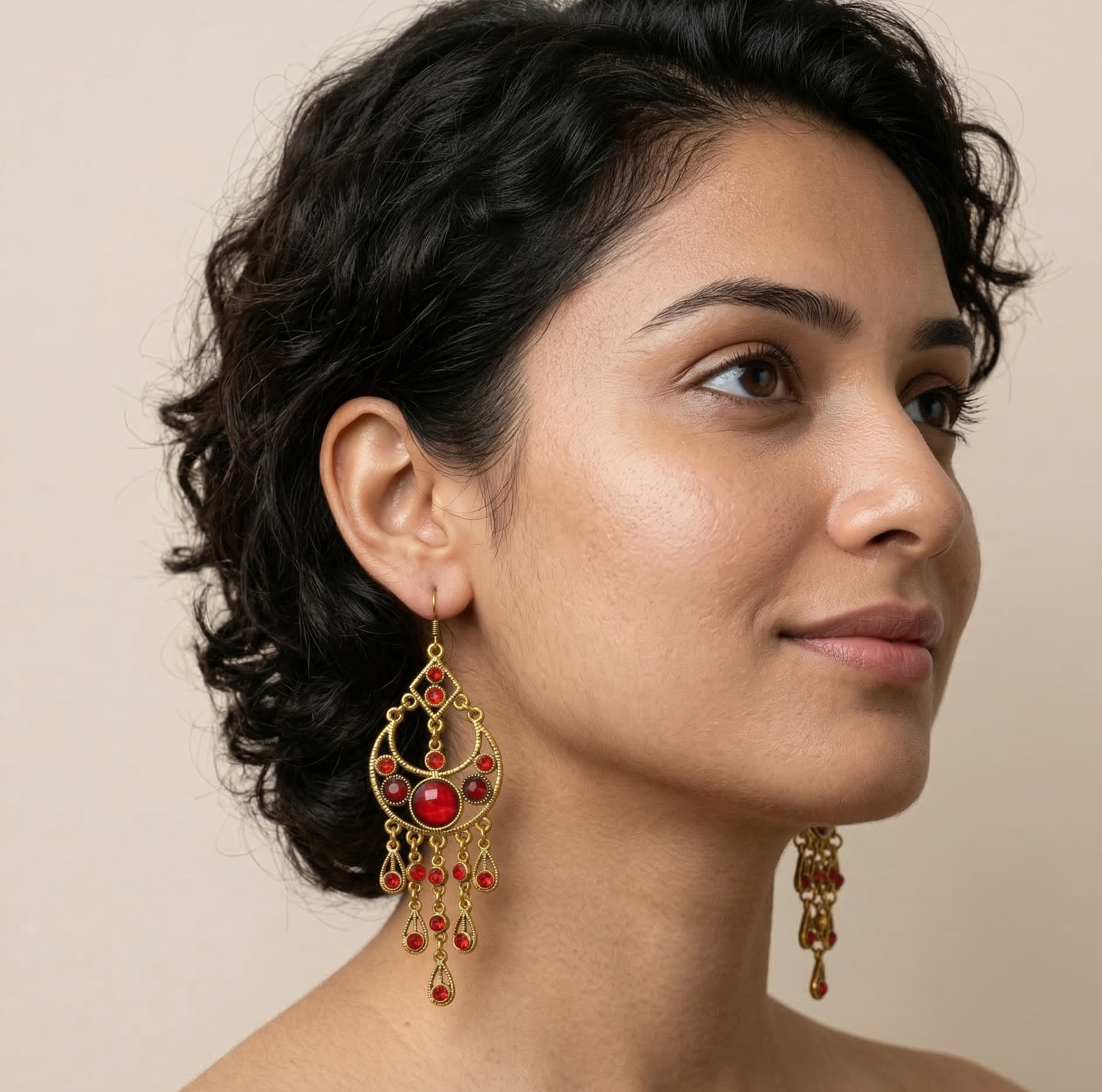 Bohemian Red Stone Tassel Earrings Gold Tone Alloy