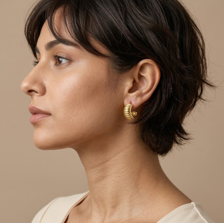 Chunky Striped C Hoop Earrings 18K Gold PVD Plated 316L Stainless Steel