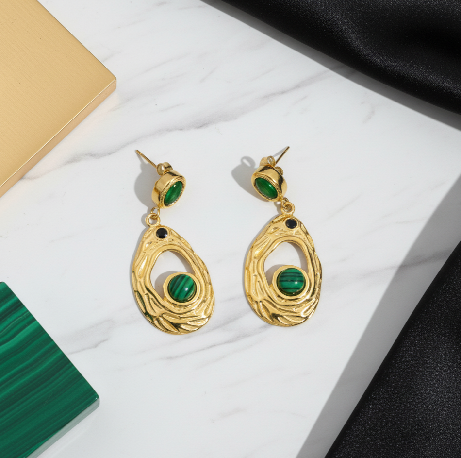 Malachite Drop Earrings 18K Gold Plated Stainless Steel