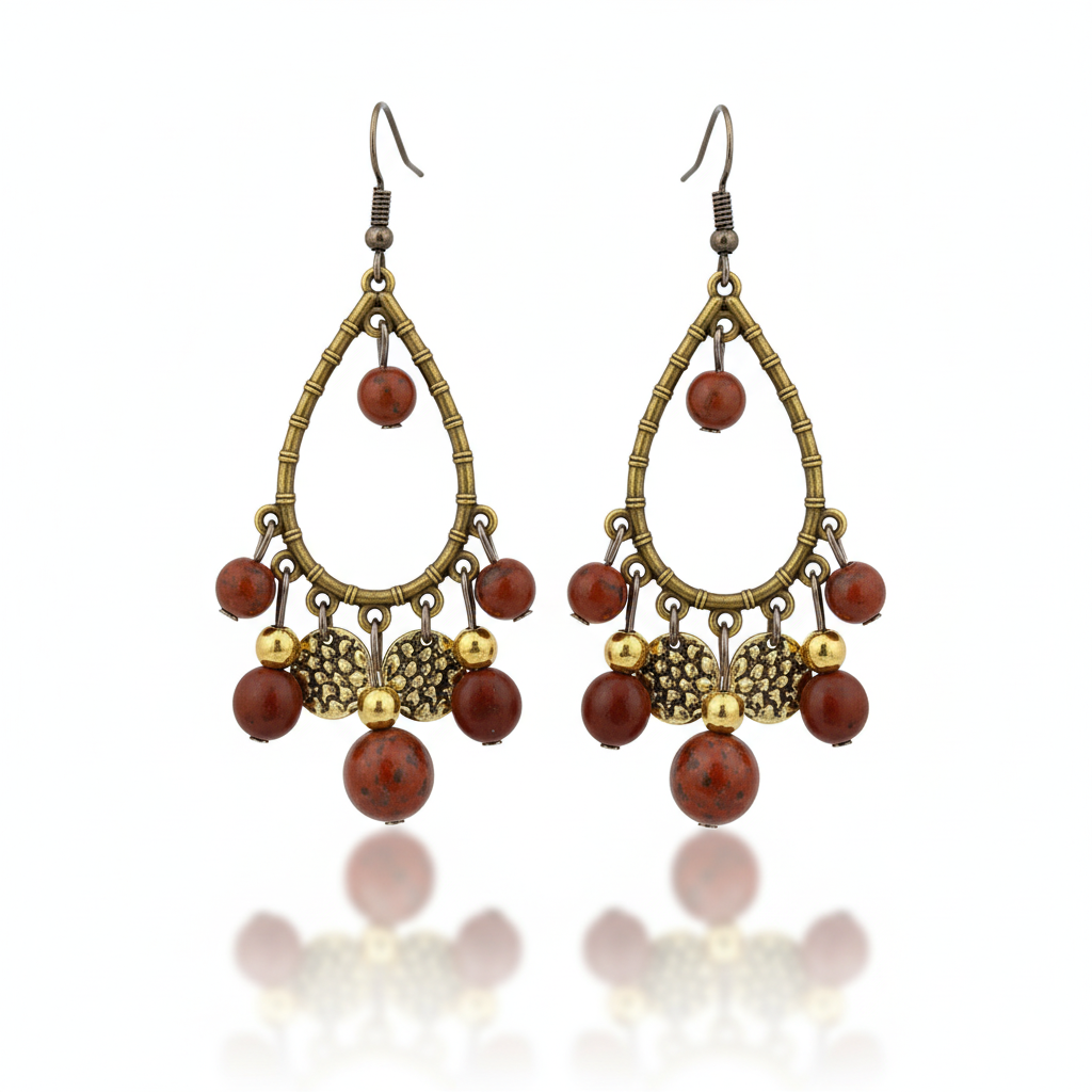 Vintage Red Beaded Teardrop Earrings Antique Gold Tone