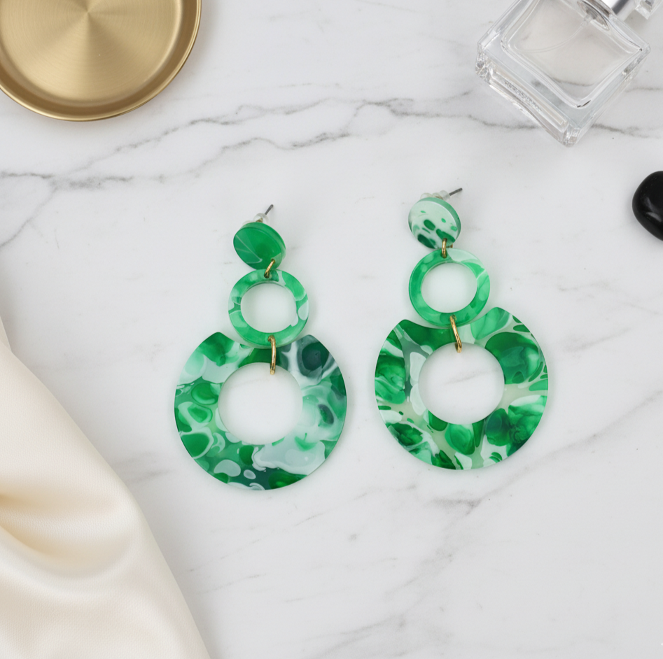 Green Marble Resin Circle Drop Earrings Gold Tone Studs