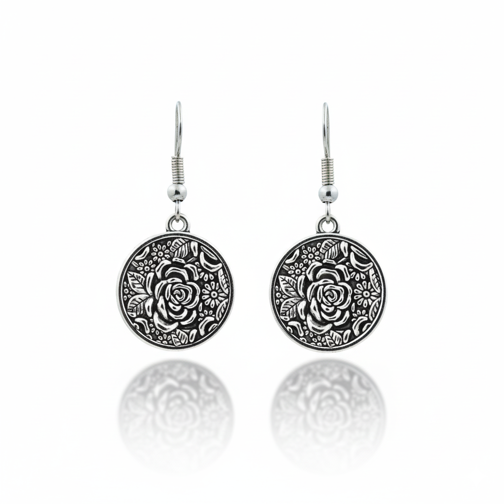 Vintage Floral Disc Drop Earrings Silver Tone Alloy