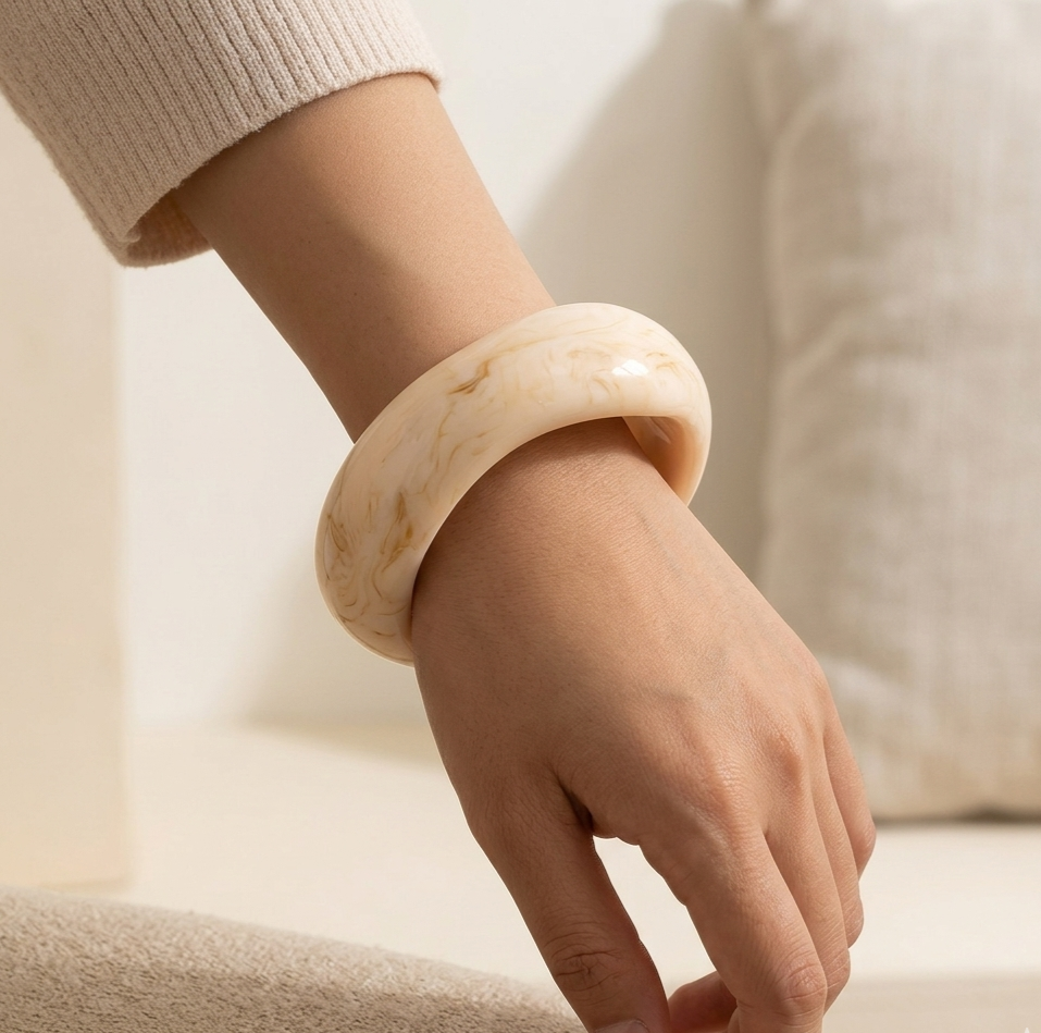 Ivory Swirl Resin Oval Bangle Bracelet for Women