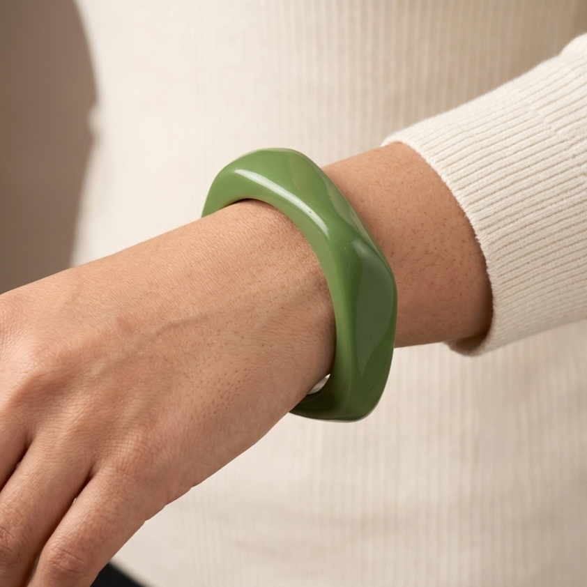 Olive Green Chunky Geometric Resin Bangle Bracelet for Women