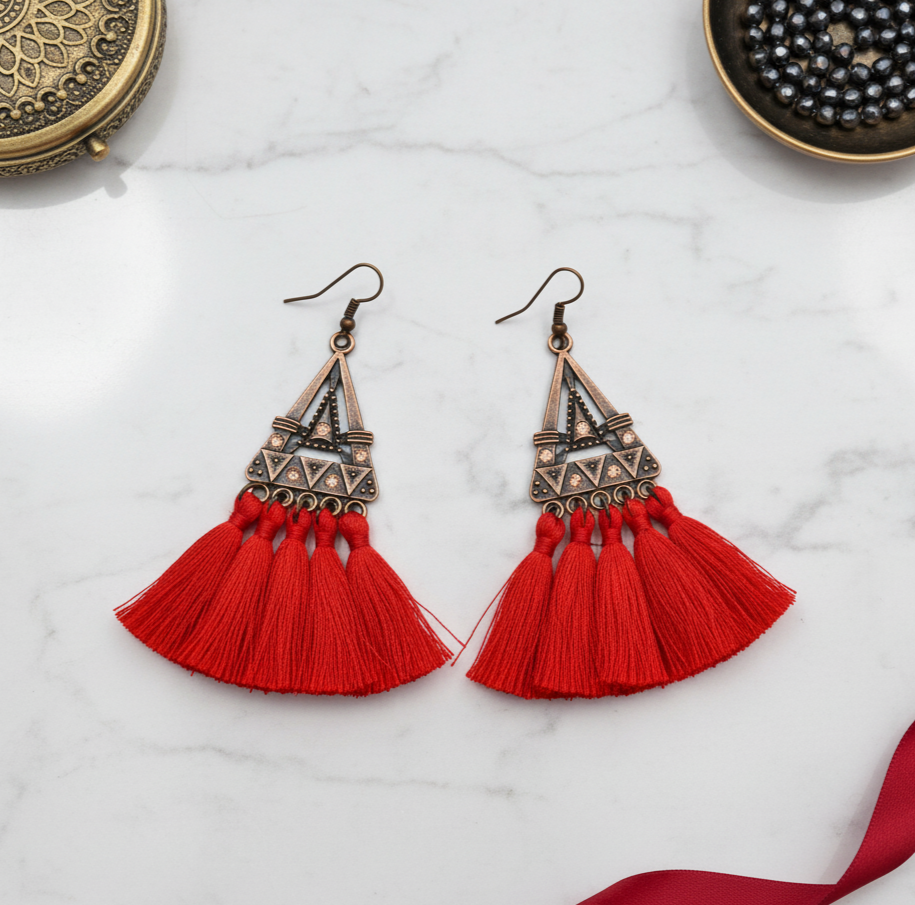 Retro Triangle Red Tassel Earrings for Women