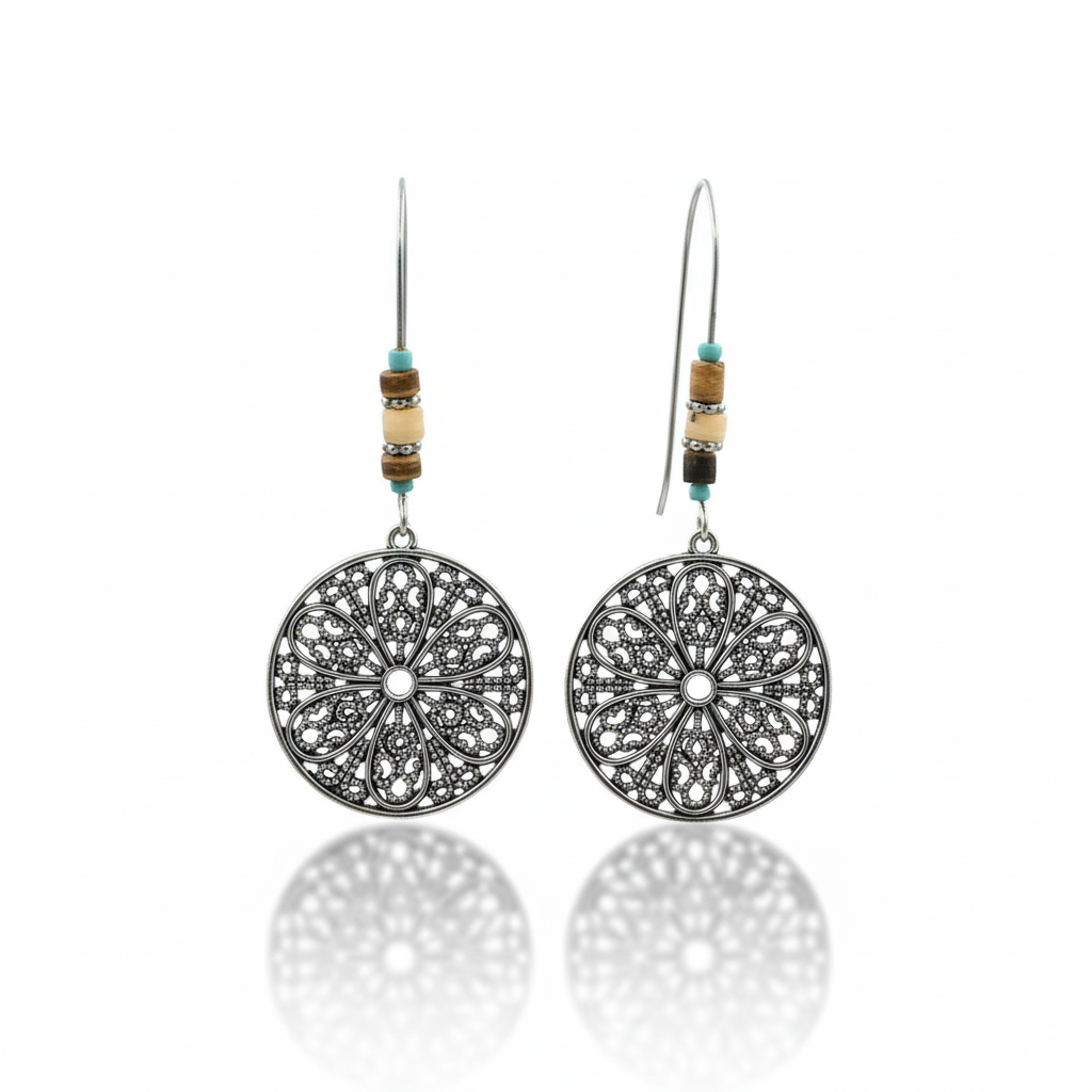 Antique Silver Flower Disc Earrings Alloy Drop Earrings