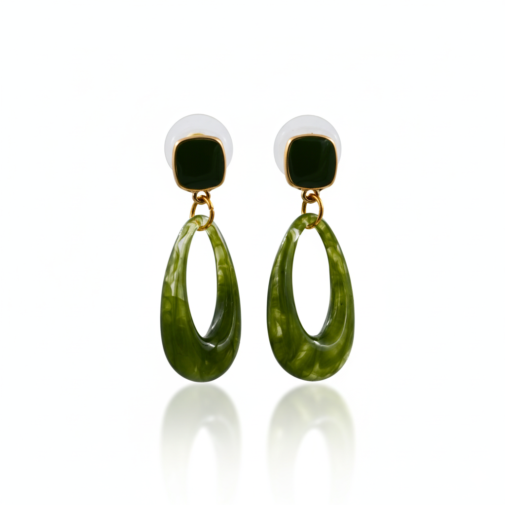 Olive Green Resin Open Teardrop Drop Earrings Gold Tone Detail