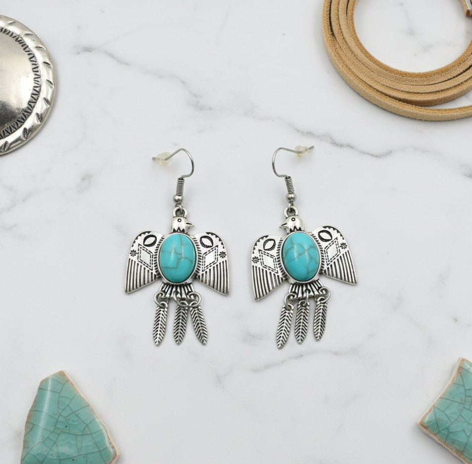 Bohemian Turquoise Bird Drop Earrings Silver Tone Alloy