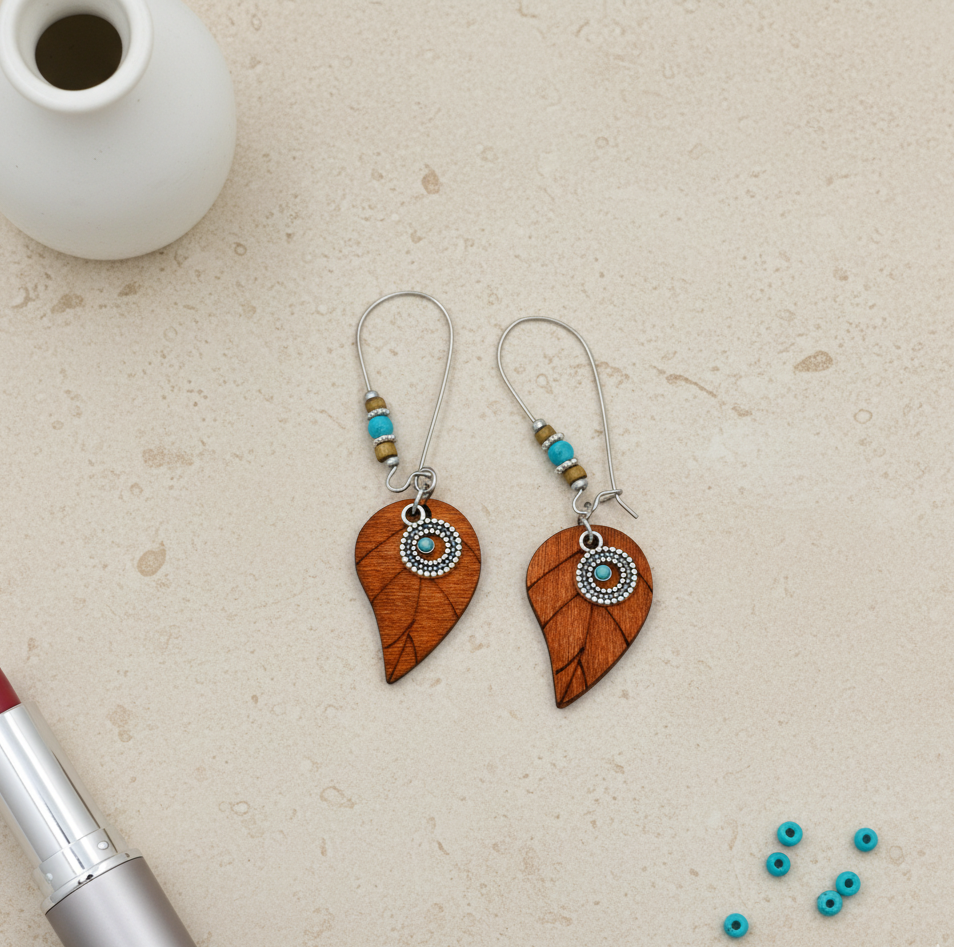 Bohemian Wooden Leaf Drop Earrings Silver Tone