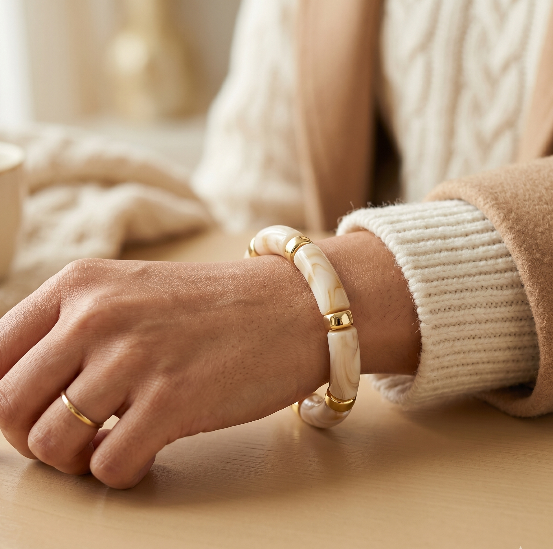 Cream Marble Acrylic Beaded Stretch Bracelet with Gold Accents for Women