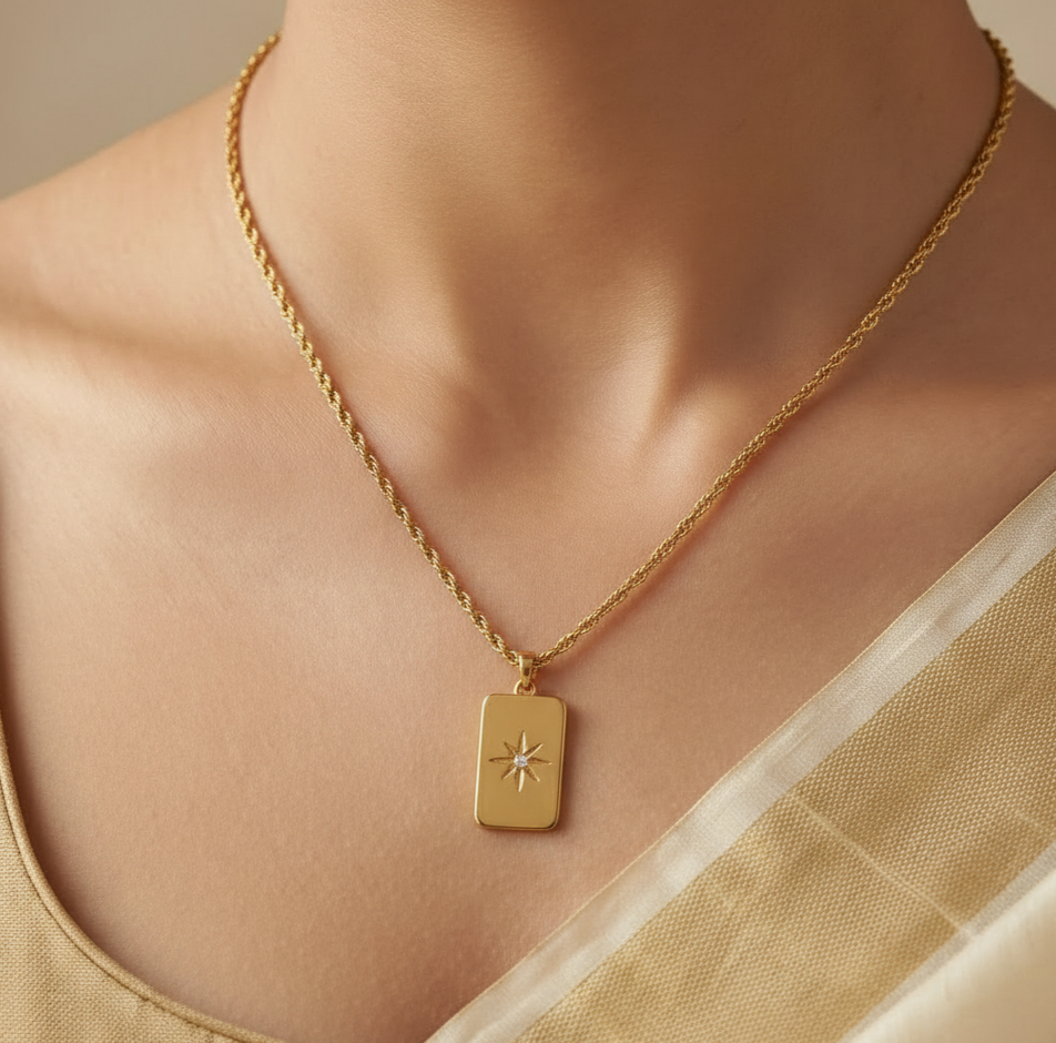 18K Gold Starburst Pendant Necklace for Women – Rectangle Pendant Chain