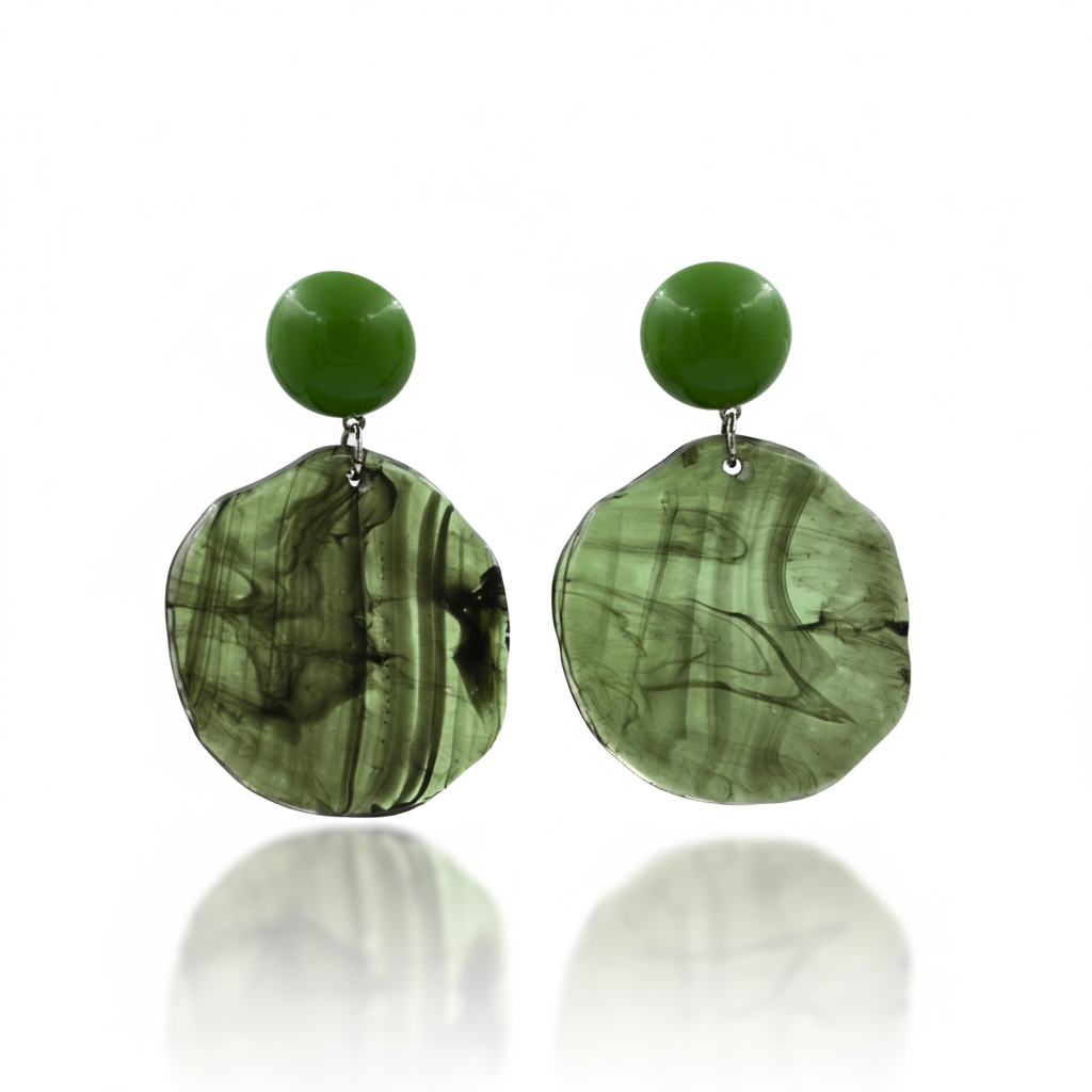 Translucent Green Disc Drop Earrings Silver Tone Detail