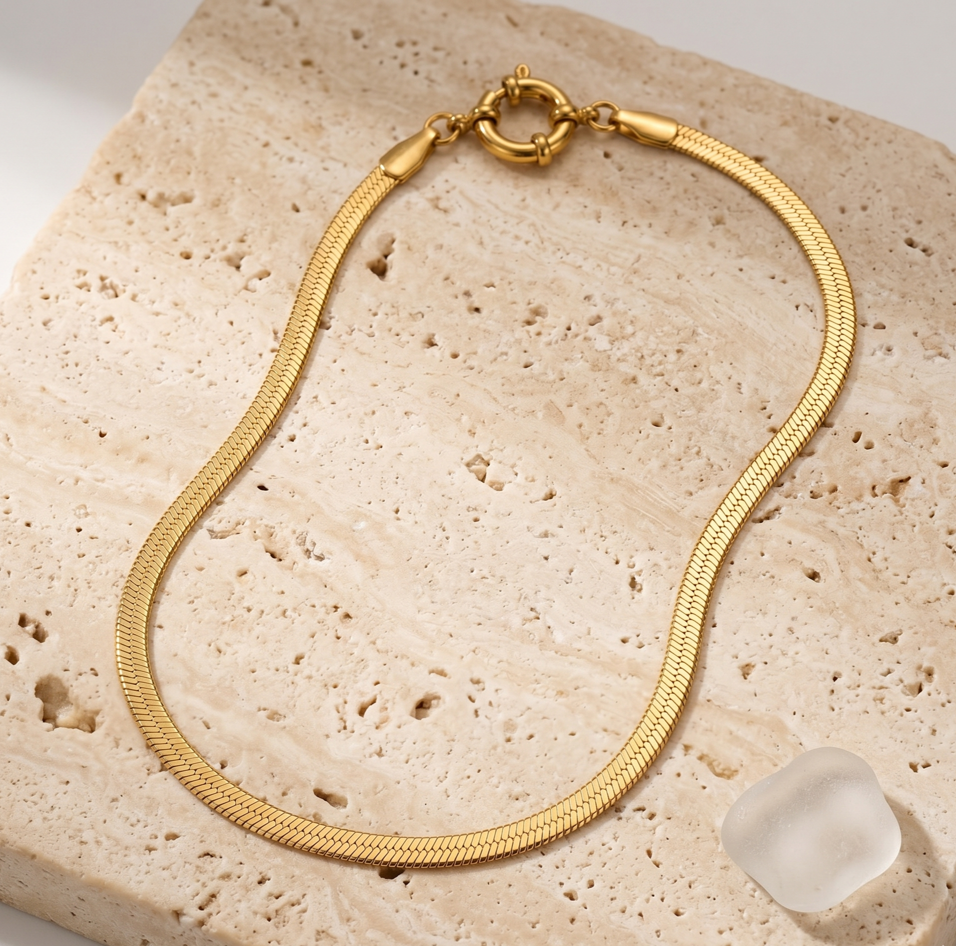 18K Gold Flat Snake Chain Necklace for Women – Minimalist Stainless Steel Choker