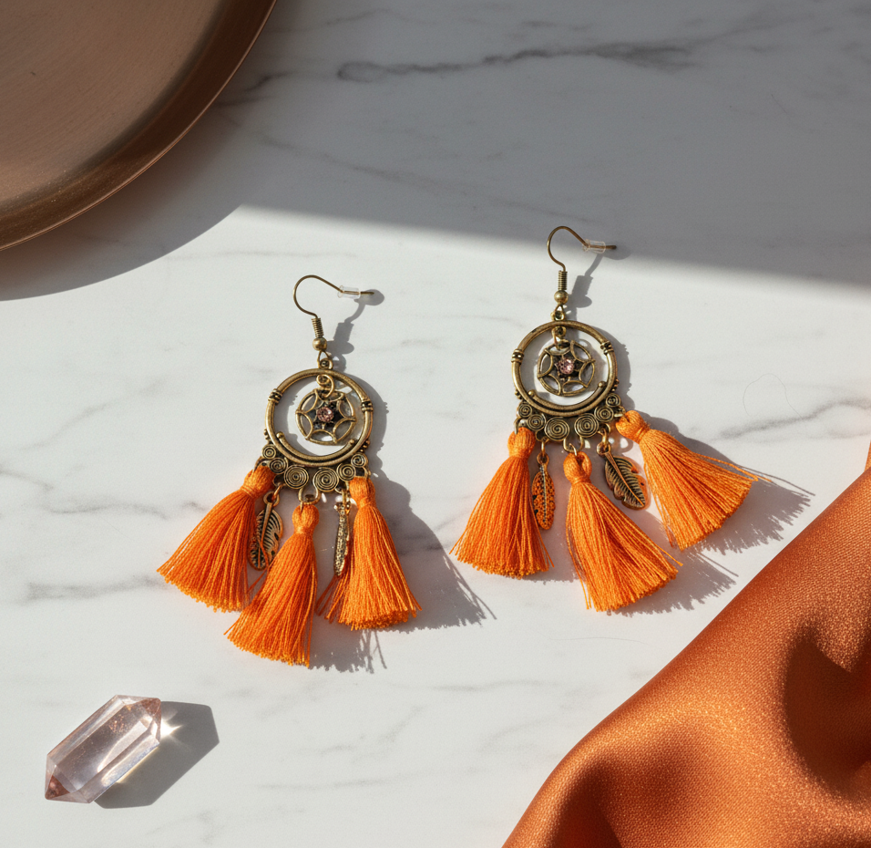 Bohemian Retro Tassel Circle Drop Earrings Gold Tone