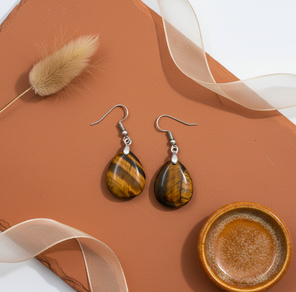 Tiger Eye Teardrop Dangle Earrings Silver Tone