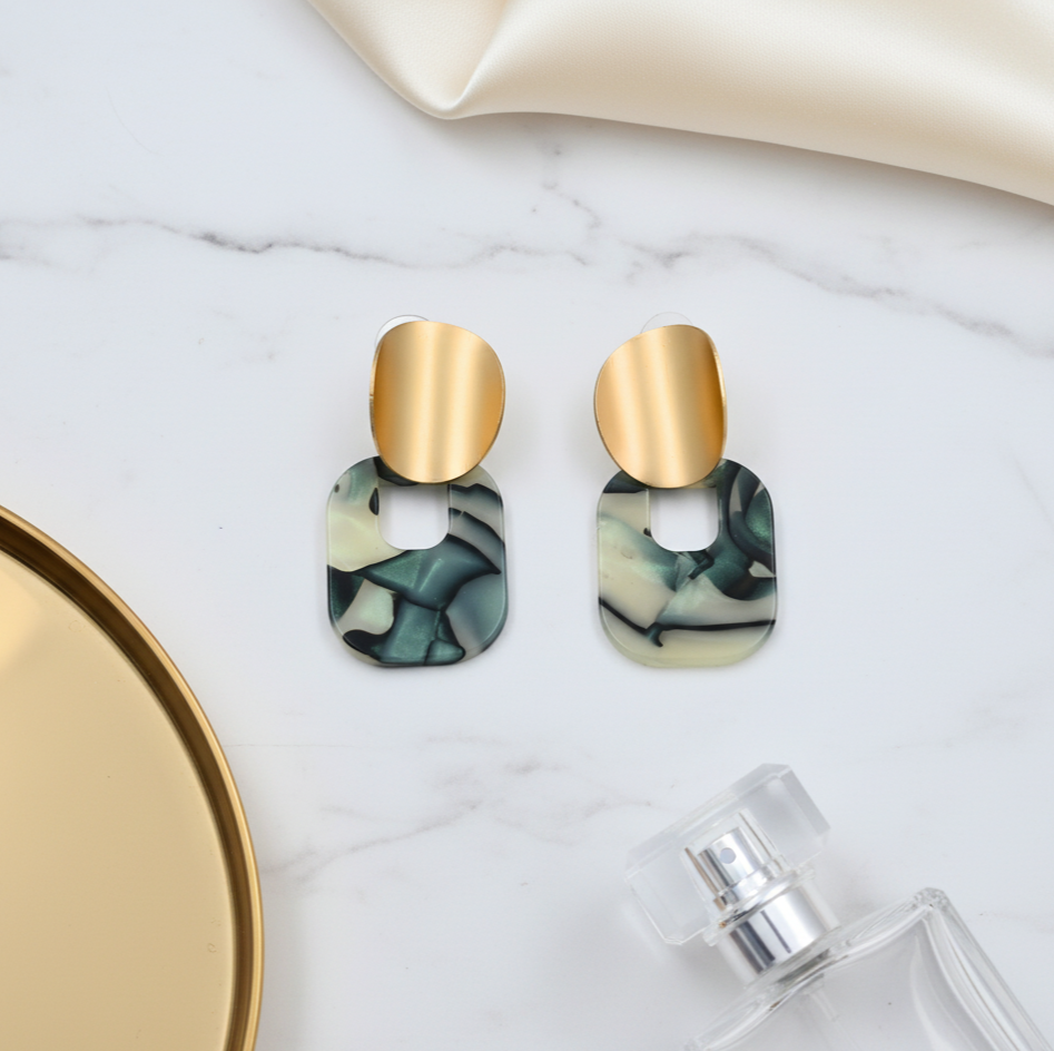 Geometric Sage Marble Resin Drop Earrings for Women