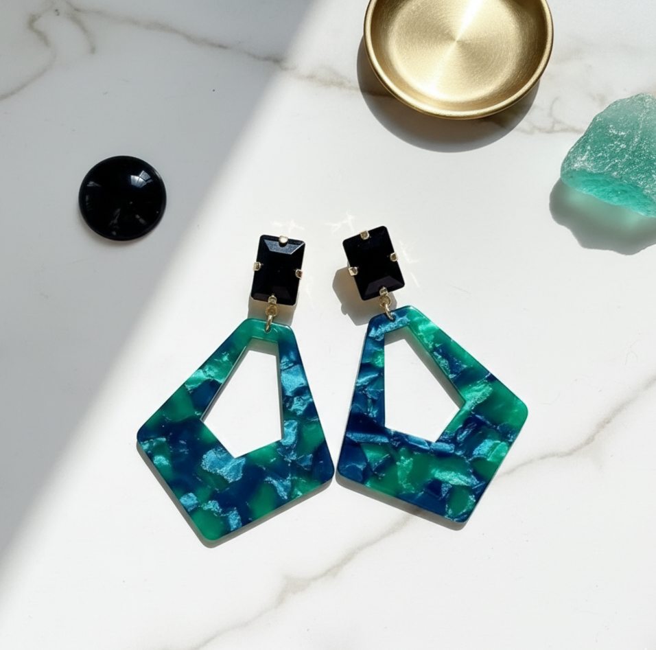 Green Acrylic Geometric Dangle Earrings Gold Tone Silver Needle