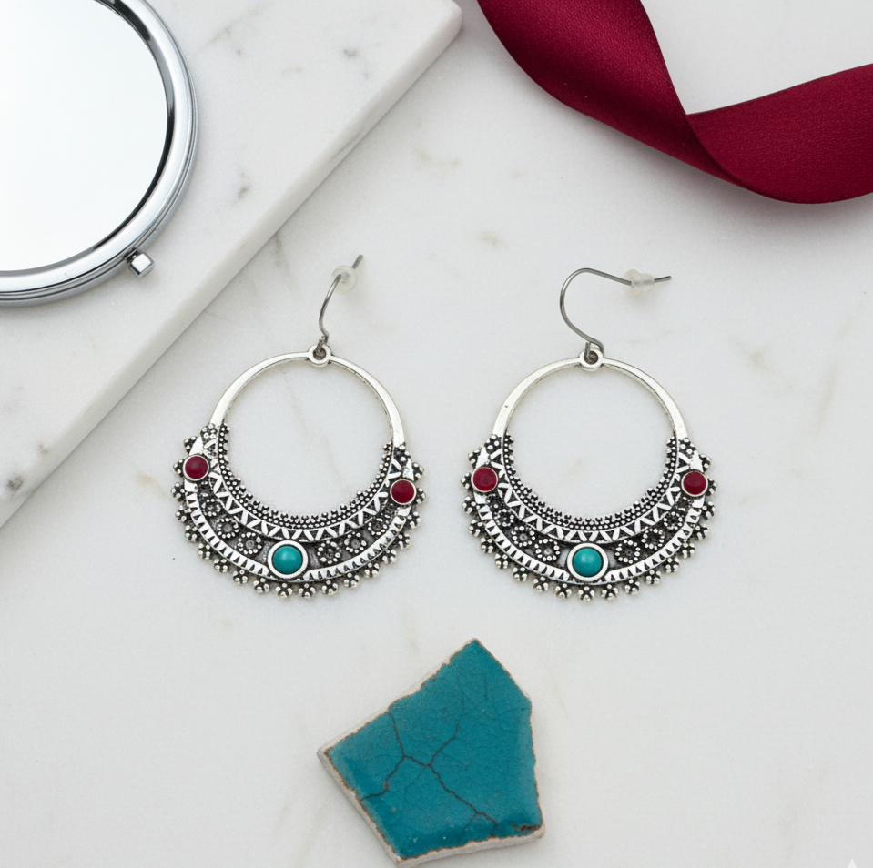 Bohemian Turquoise and Red Hoop Earrings Silver Tone Alloy
