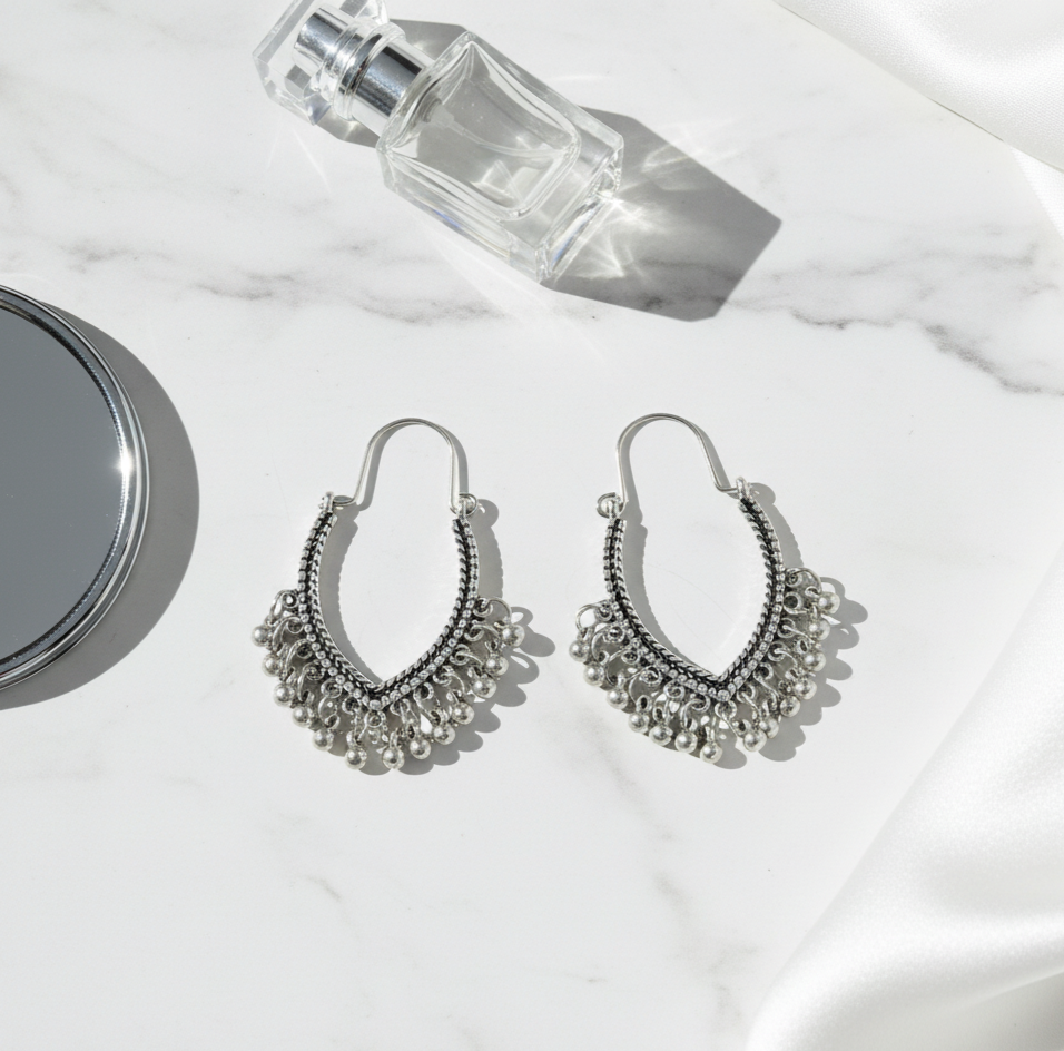 Silver Tone Fringe Hoop Earrings