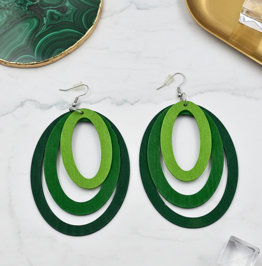 Layered Green Oval Drop Earrings