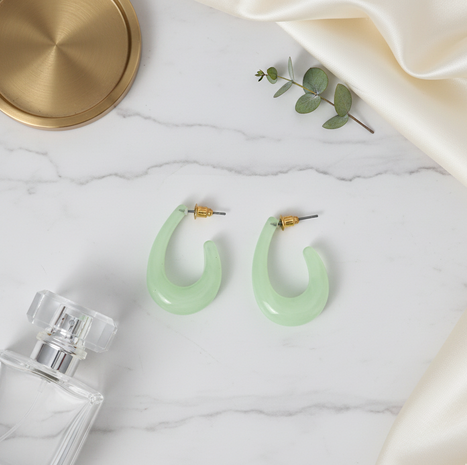 Mint Green Resin Open Hoop Earrings Stainless Steel Studs