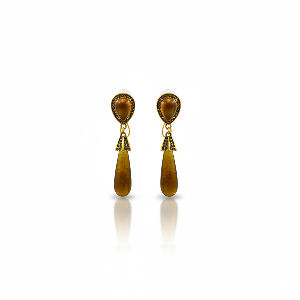 Tiger Eye Style Water Drop Dangle Earrings Gold Tone Studs