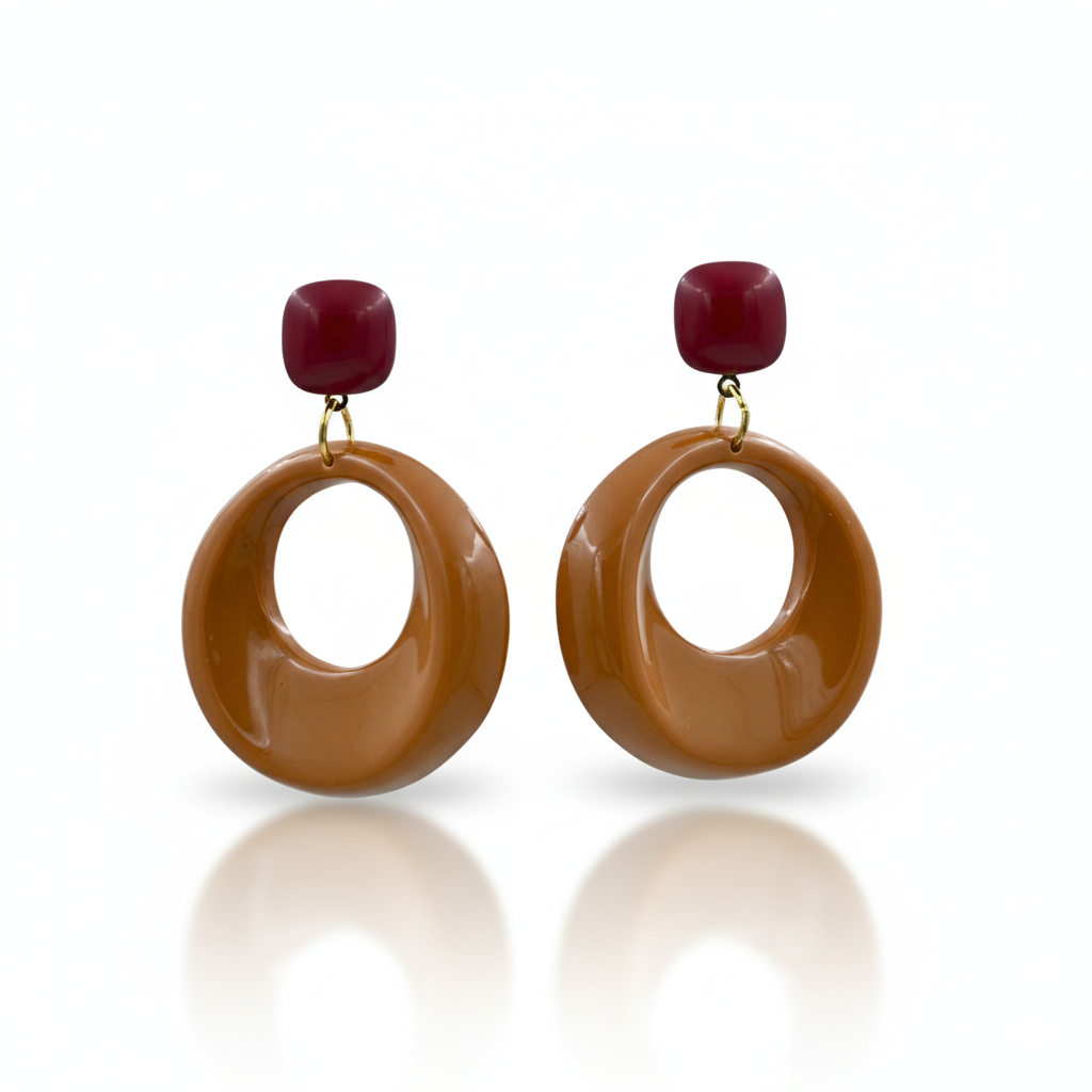 Burgundy and Caramel Resin Oval Drop Earrings Gold Tone Studs