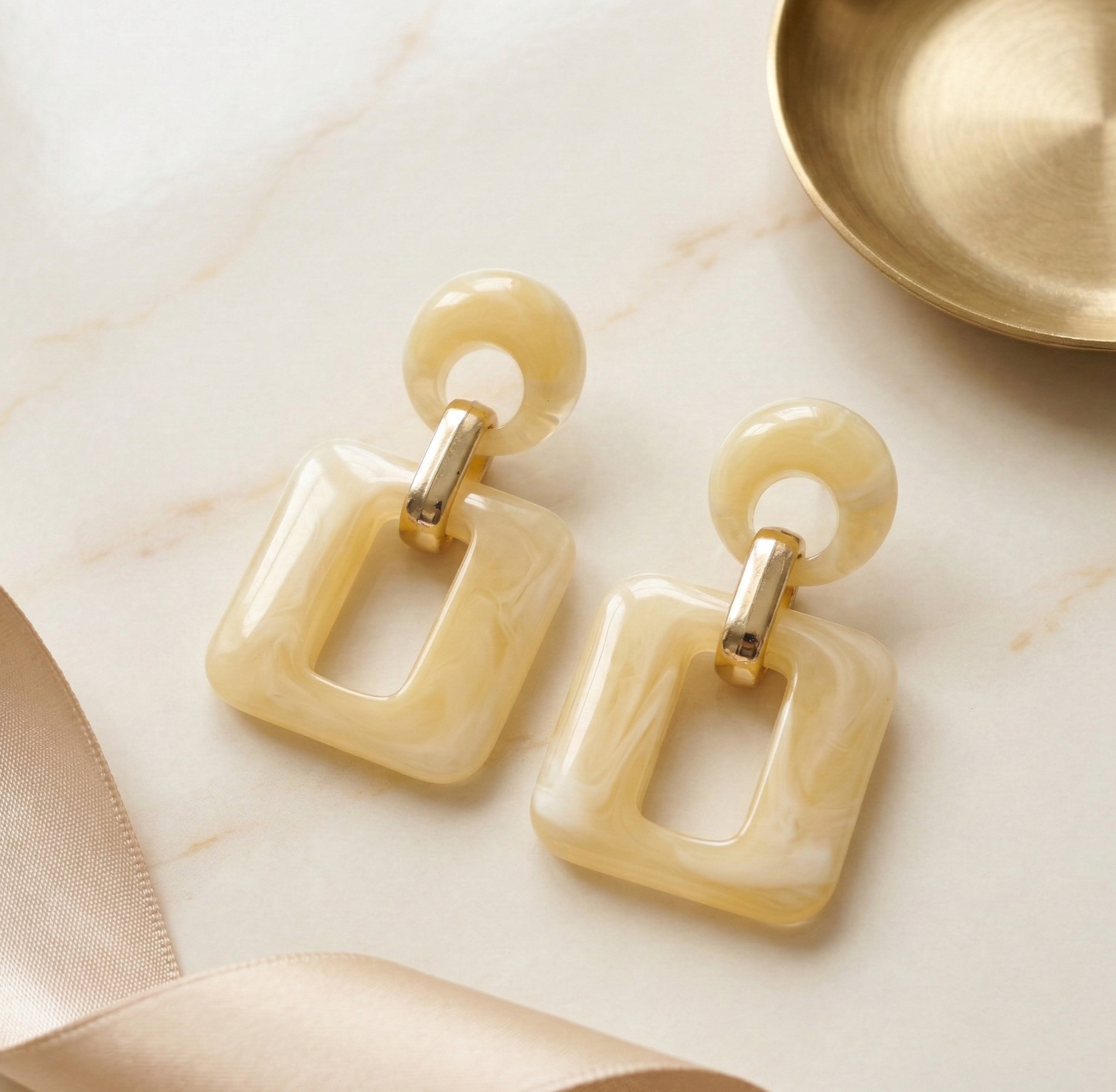 Cream Resin Open Square Drop Earrings Gold Tone Detail