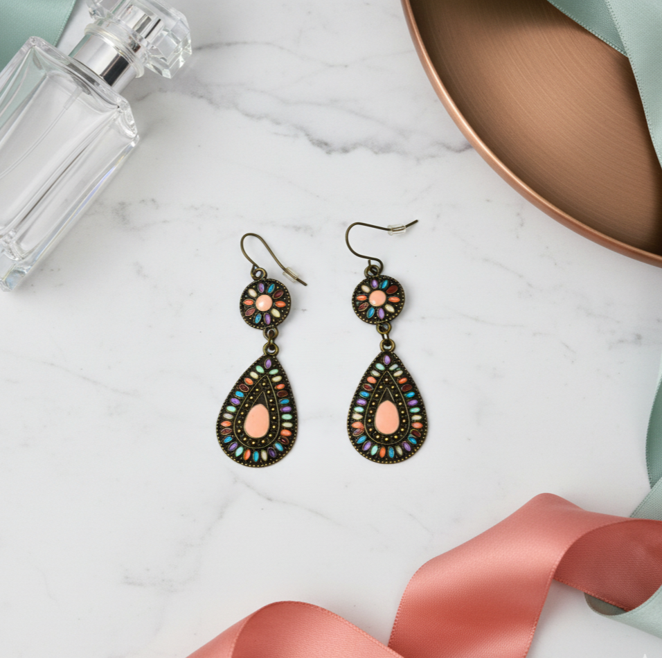 Vintage Boho Water Droplet Earrings Gold Plated Antique Copper Finish