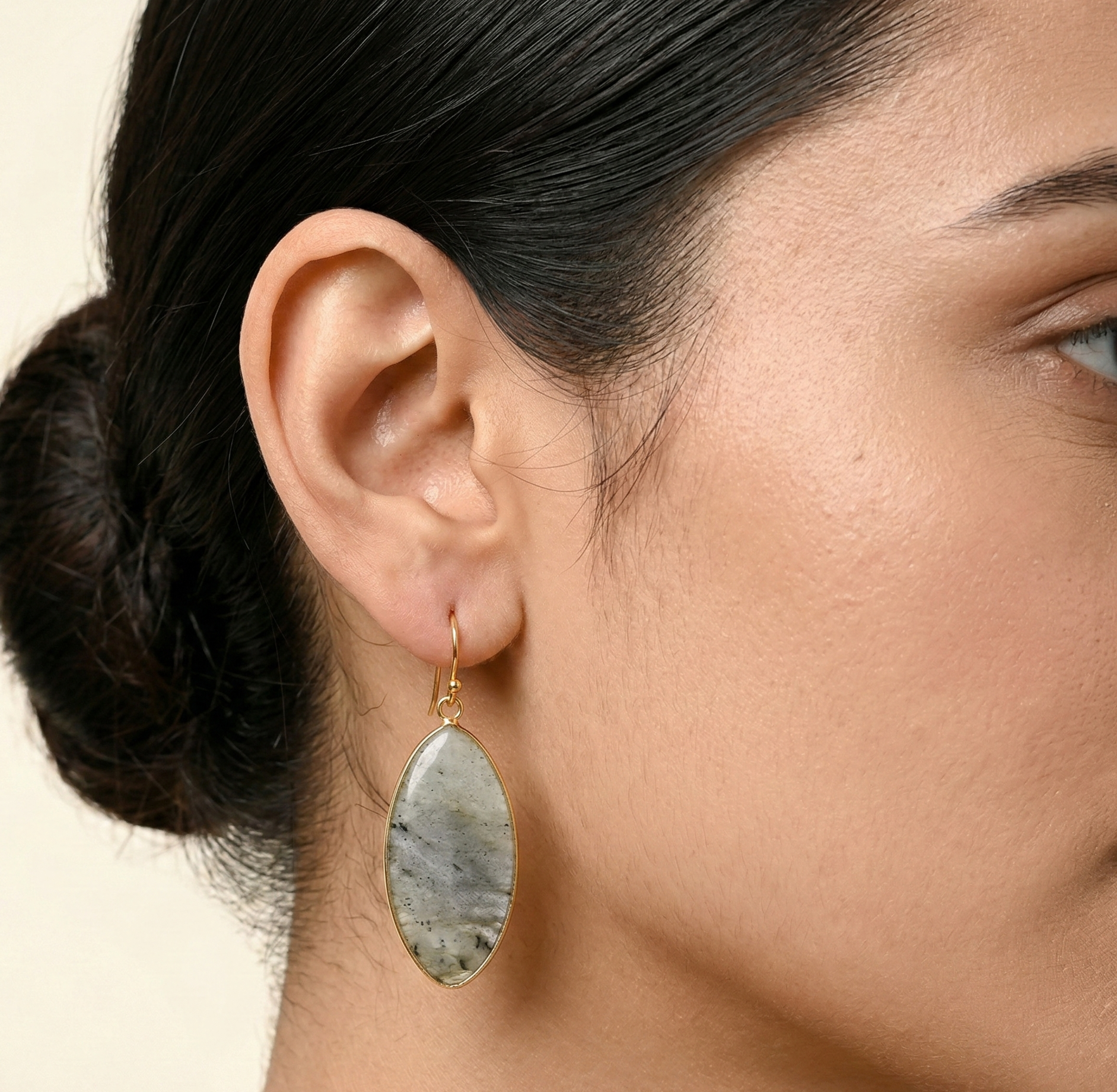 Labradorite Stone Drop Earrings Gold Tone
