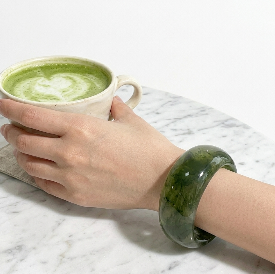 Forest Green Wide Marbled Resin Bangle Bracelet for Women