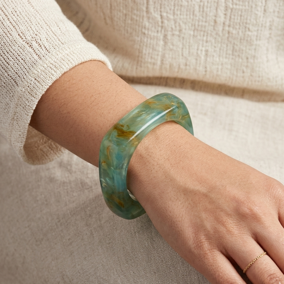 Green Marble Resin Square Bangle Bracelet for Women
