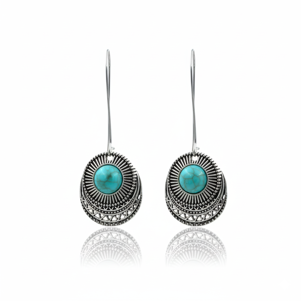 Retro Turquoise Round Drop Earrings Silver Tone Alloy