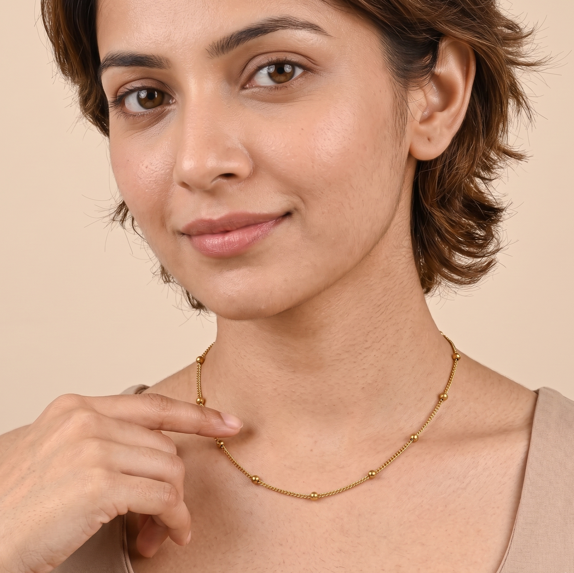 18K Gold Satellite Bead Necklace for Women – Stainless Steel Chain