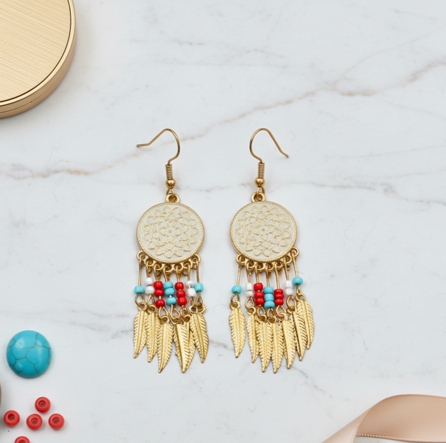 Bohemian Leaf Tassel Earrings Gold Plated Beaded Drop Earrings for Women