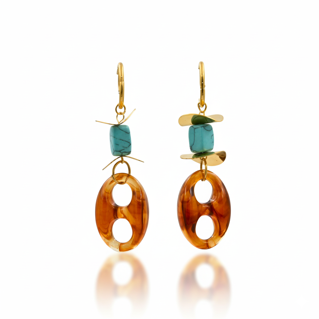 Turquoise Resin Dangle Earrings Gold Tone Stainless Steel