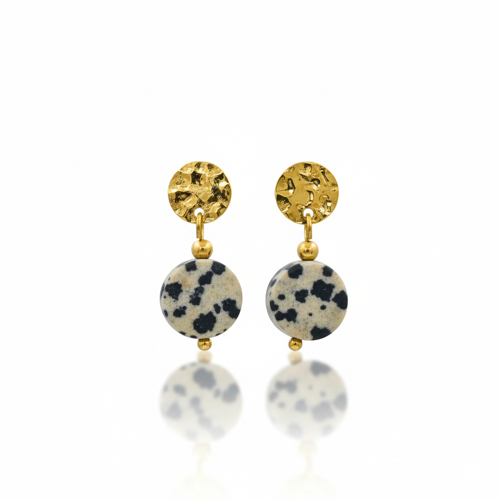 Dalmatian Jasper Drop Earrings Gold Tone Metal