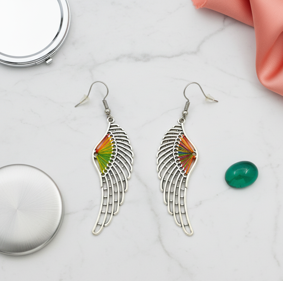 Bohemian Angel Wing Drop Earrings Silver Tone Alloy
