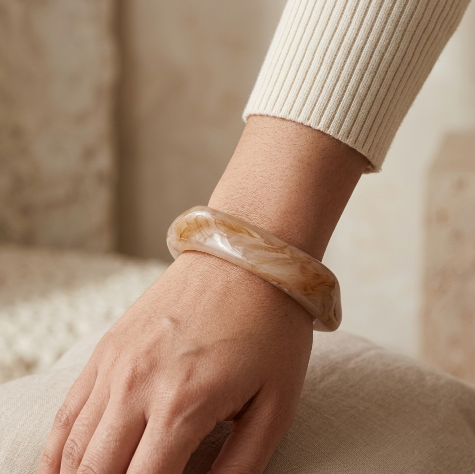 Beige Marble Resin Geometric Bangle Bracelet for Women