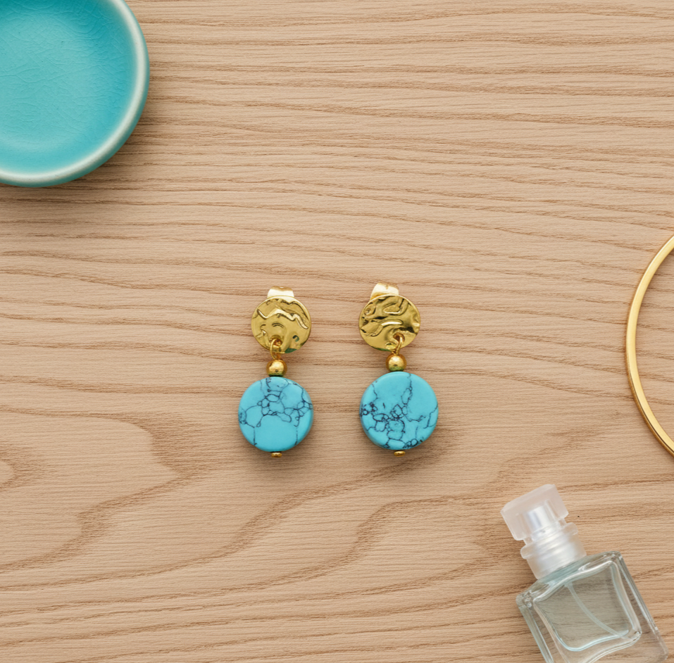 Turquoise Drop Earrings Gold Tone Metal