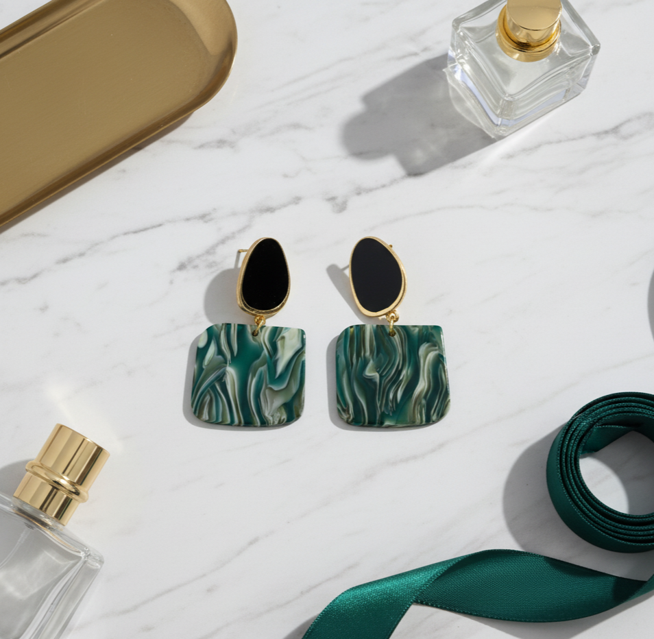 Green Marble Resin Drop Earrings Gold Tone Detail