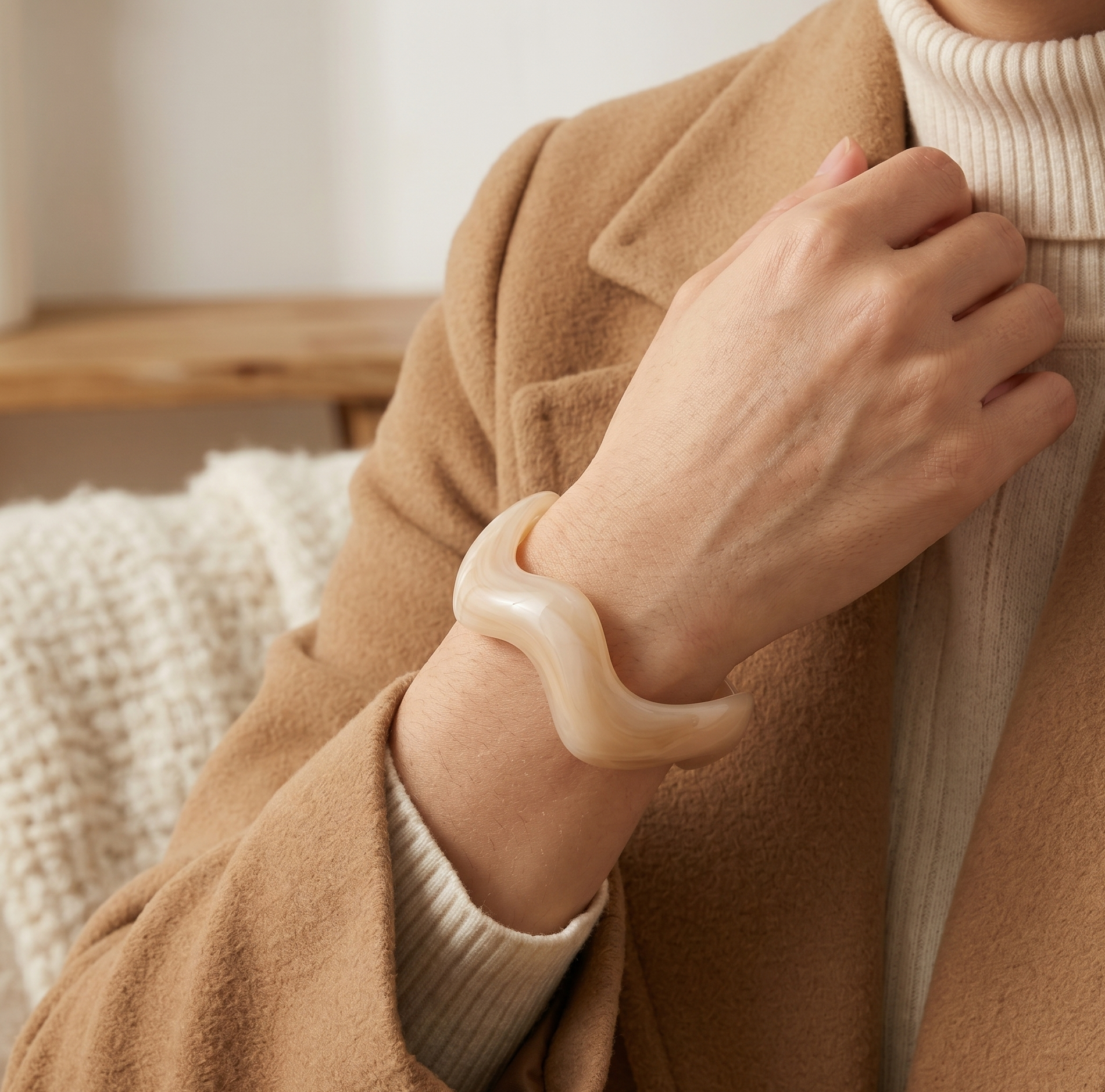 Beige Marble Wave Resin Open Cuff Bracelet for Women