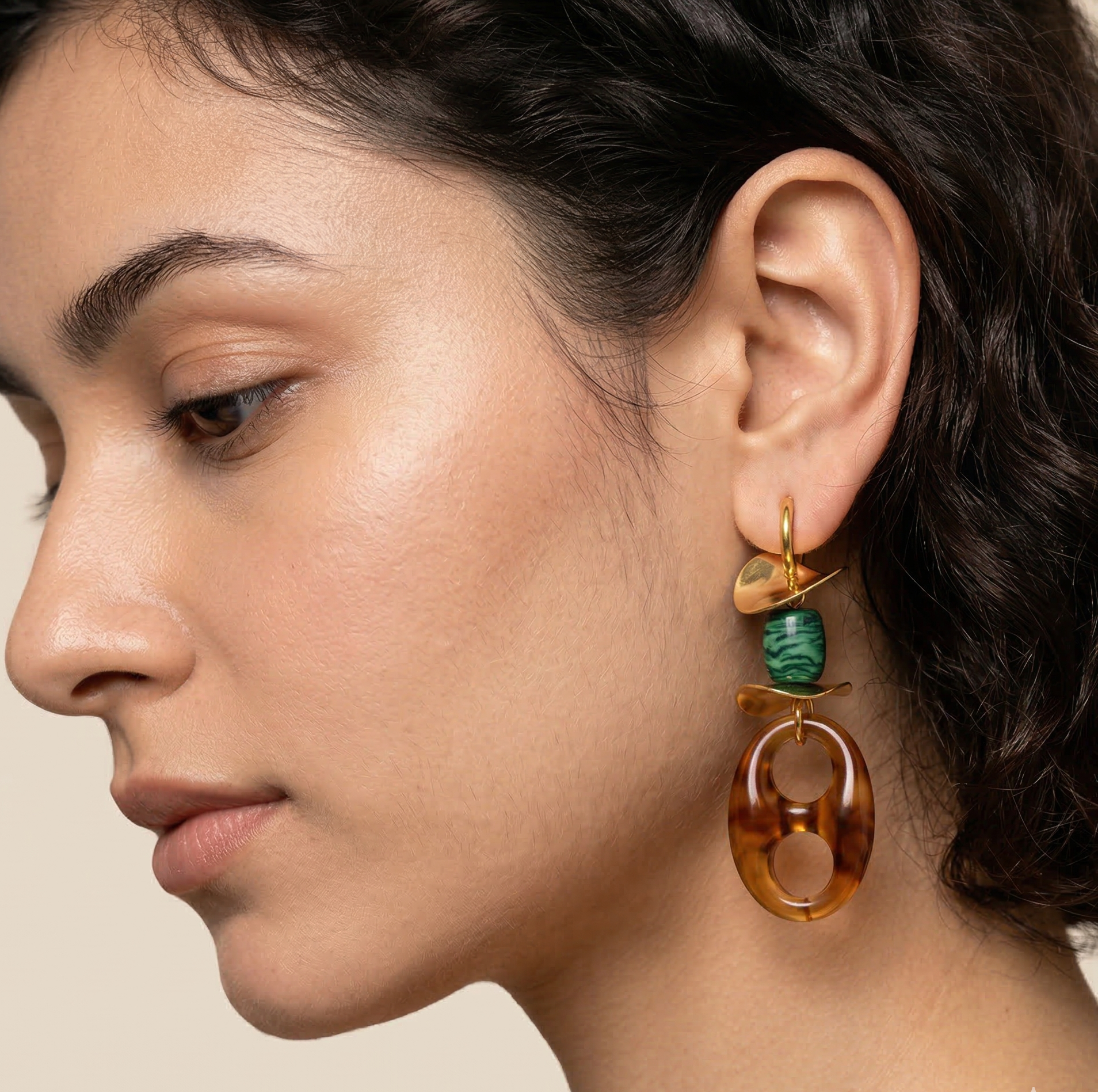 Gold Plated Resin Drop Earrings with Green Stone Bead and Stainless Steel