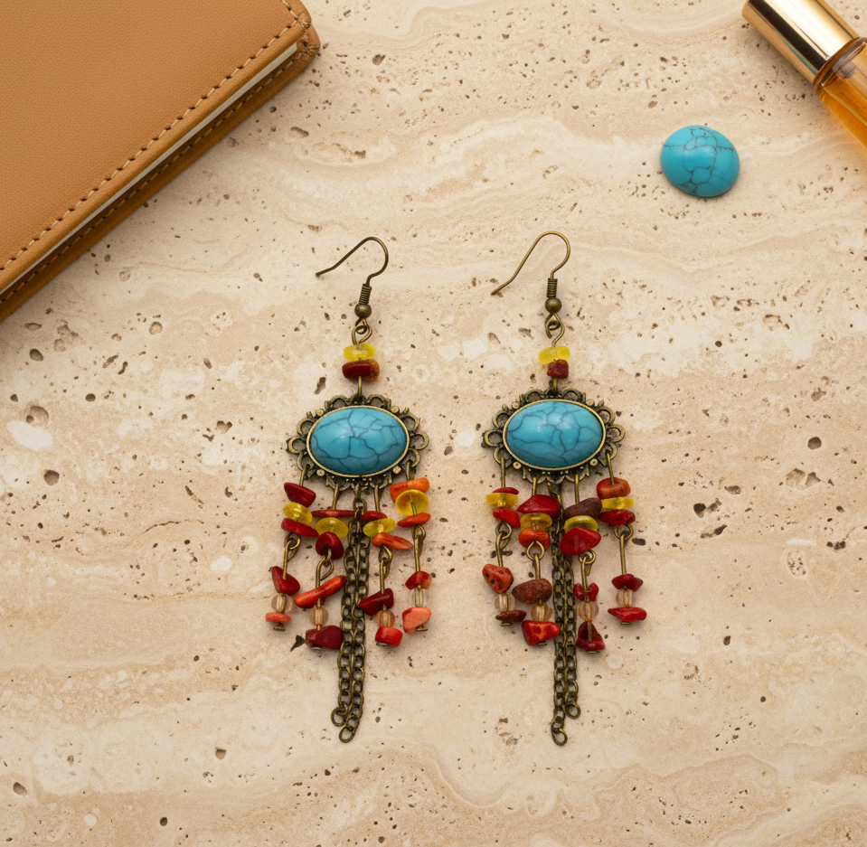 Vintage Turquoise and Red Tassel Drop Earrings